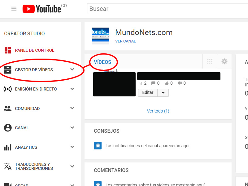 En el menú de la izquierda, haz clic en Gestor de Vídeos > Vídeos.