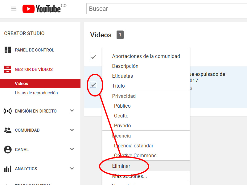 Marca la casilla de verificación junto a los vídeos que quieres eliminar.