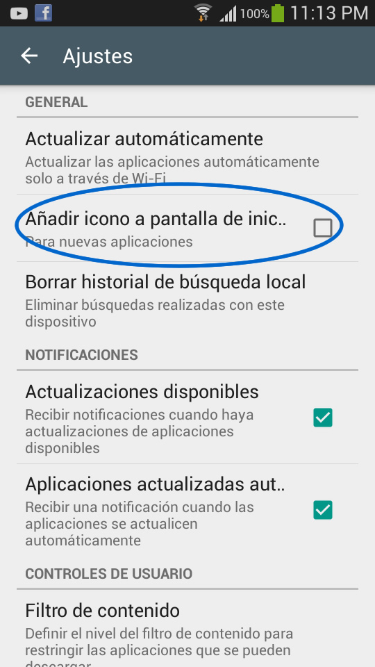 Desactivar “Añadir iconos a tu pantalla de inicio” para aplicaciones nuevas. Desactivar “Añadir iconos a tu pantalla de inicio” para aplicaciones nuevas.
