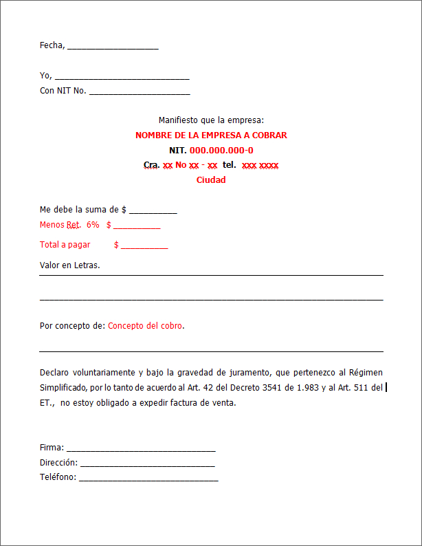 Formato Cuenta de Cobro Formato Cuenta de Cobro